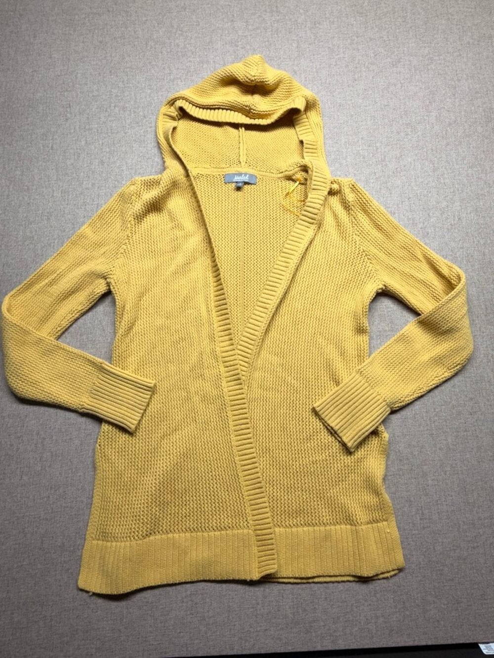 Marled Reunited Clothing Yellow Hooded Open-Front Knit Cardigan Sweater Small